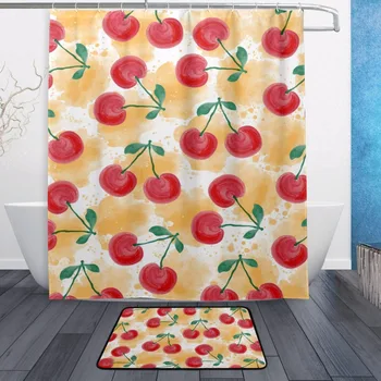 

Decorative Waterproof Polyester Shower Curtain 152cmx183cm With Hooks Non Slip Doormats Bathroom Floor Mat Red Cherry Fruit