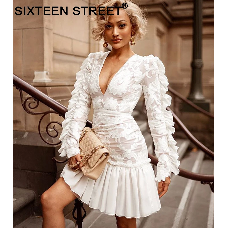 

Woman dress New autumn V-neck sexy long sleeve lace embroidery mini dresses for ladies ruffle sleeve short vestido spring