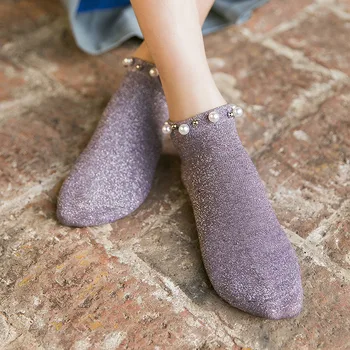 

Retro Fashion Socks Summer Woman Girl Lady Glitter Shiny Pearl Socks Thin Bead Gauze Ankle Sox Breathable