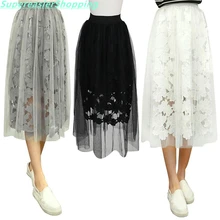 New 2017 Lace Midi Floral Tulle Skirts Womens High Elastic Waist Mesh Pleated Skirt Summer Party Tutu Skirt Women One Size