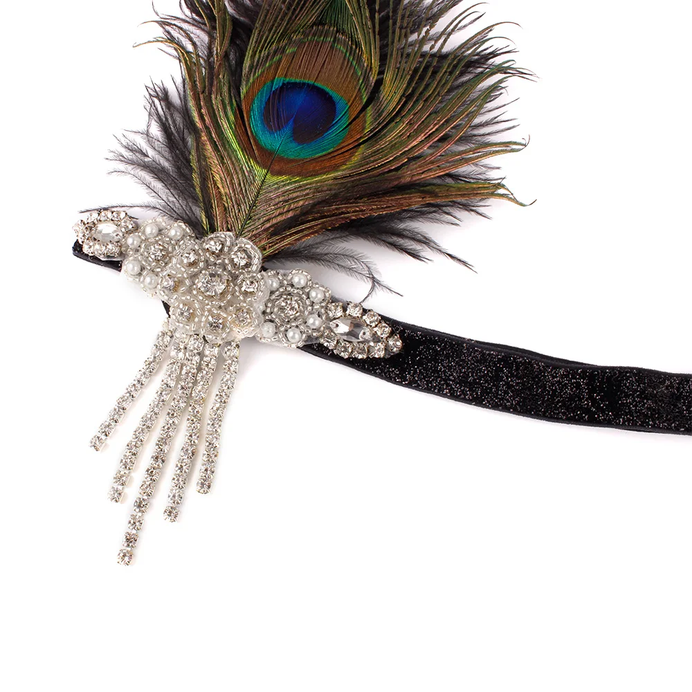 1920s женское перо павлина украшение для волос флэппер Great Gatsby винтажная расшитая стразами повязка на голову вечерняя вечеринка аксессуары для волос