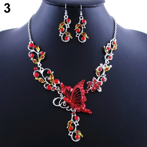 Бабочка цветок Стразы Кулон Биб себе ожерелье серьги ювелирный набор для подарка A859