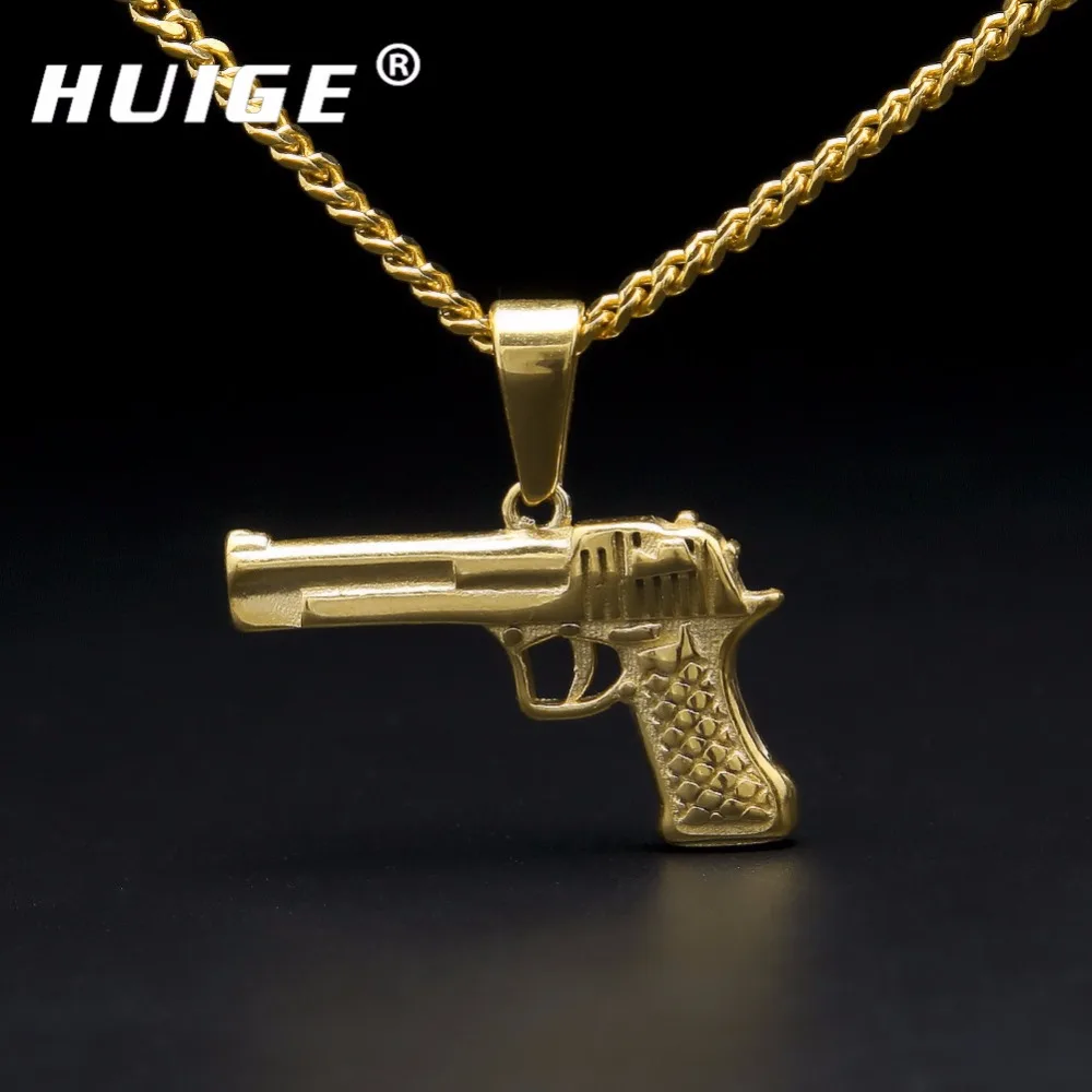 2016 Hiphop Gold Color Gun Pendant Necklace Stainless Steel Pistol Gun