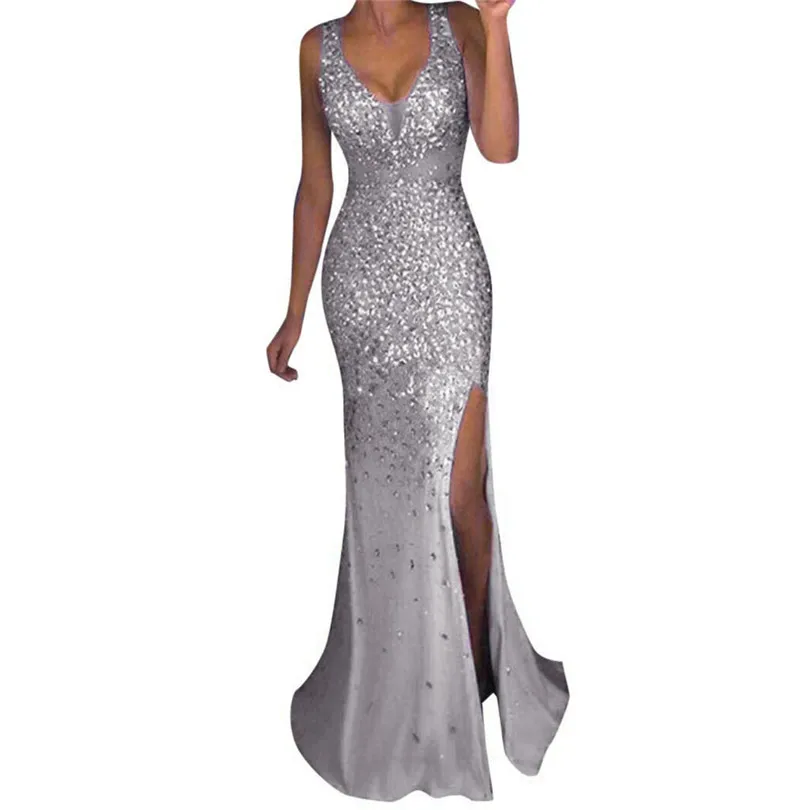 Seqiuned Dress Party Women V Neck Summer Dress Sleeveless Dress Long Party Solid Dresses Big Size Vestidos De Festa 40MAY1715