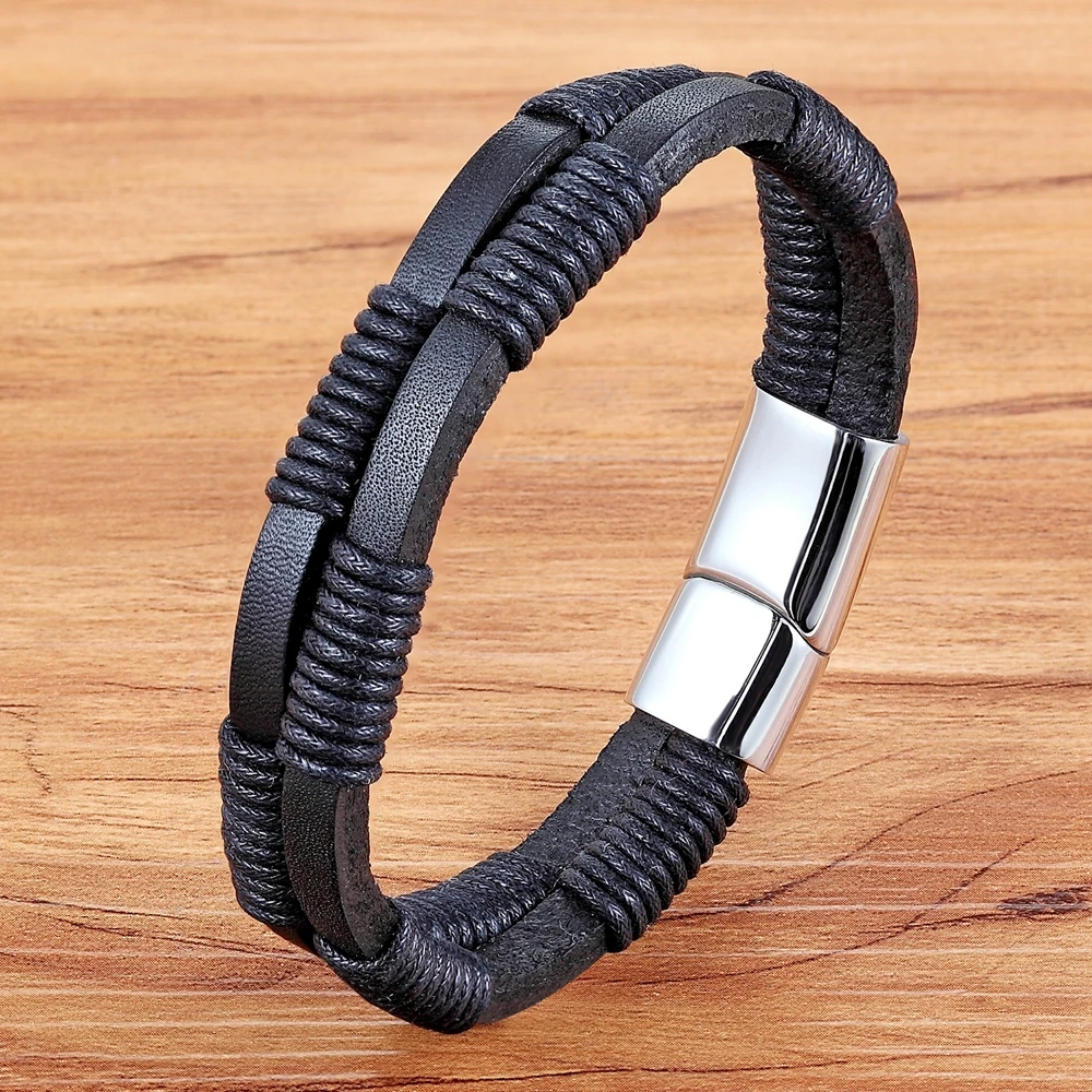 

TYO 2019 Genuine Leather Bracelet Twining Bundling Line Geometric Pattern Black/Brown Color Easy Hook Accessories Jewelry Gift