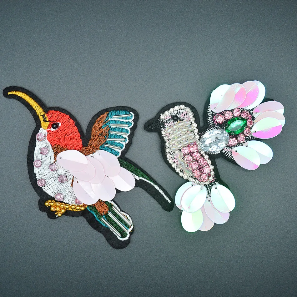

Cute bird Handmade Rhineston&Sequined beaded Patch Embroidered Applique for clothing beading decoration