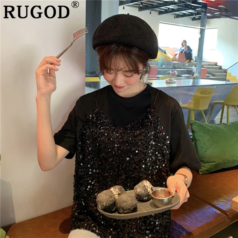 RUGOD белые женские 2 шт. футболки с круглым вырезом и коротким рукавом и шикарные спагетти одежда корейский стиль офисные женские футболки