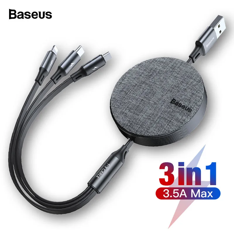 

Baseus 3 in 1 Retractable USB Cable For iPhone Xs Max Xr X 3in1 Fast Charging Charger Micro USB Type C Cable For Samsung Xiaomi