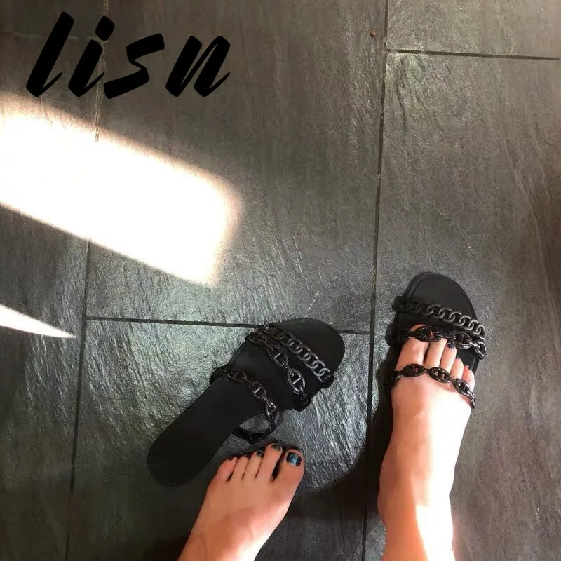 

LISN New Beige Black PVC Chain Beach Summer Sandals Sexy Open Toe Comfortable Flats Sandal Slippers Shoes Women Outdoor Slipper