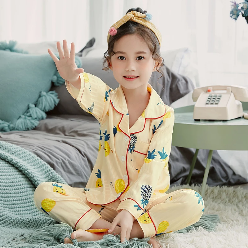 

2019 summer children pajamas set cartoon long sleeve tops+pants suit silk casual girls homewear soft kids pyjamas set loungewear