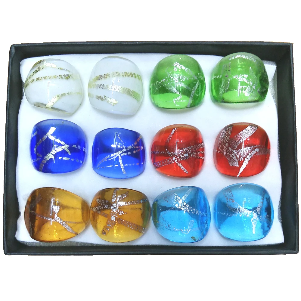 

Fresh Colored Murano Glass Rings With Irregular Silver Lines Pattern 12pcs/lot Free Shipping