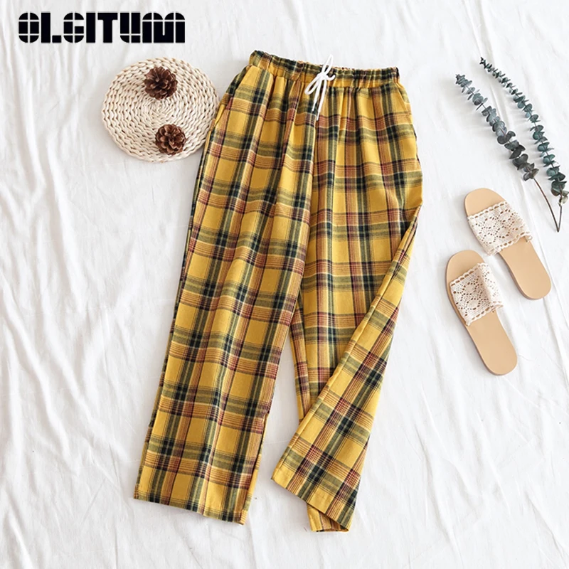

New 2019 Summer Casual Style Women Yellow Pants High Waist Drawstring Plaid Wide Leg Pants Cotton Pant Bottom PT177