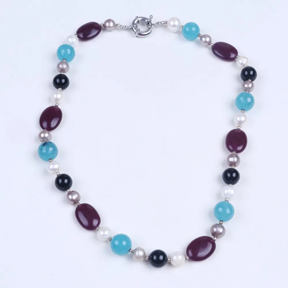 

White and silver freshwater pearl necklace with gagte multi color stone women choker necklace as girl friends birthday gif