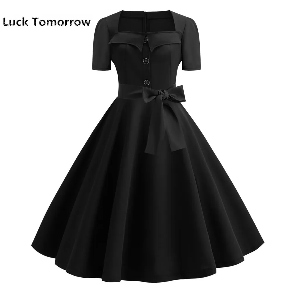 

Plus Size Women Vintage Dress Robe Summer 50s 60s Retro Pin Up Swing Rockabilly Vestidos Elegant Casual Black Office Party Dress