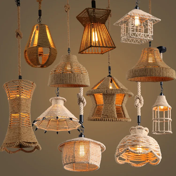 

Retro rope iron pendant lights Bar cafe Restaurant Warehouse bird cage Hand Knitted Hemp hanging lamp industria Lighting Fxiture