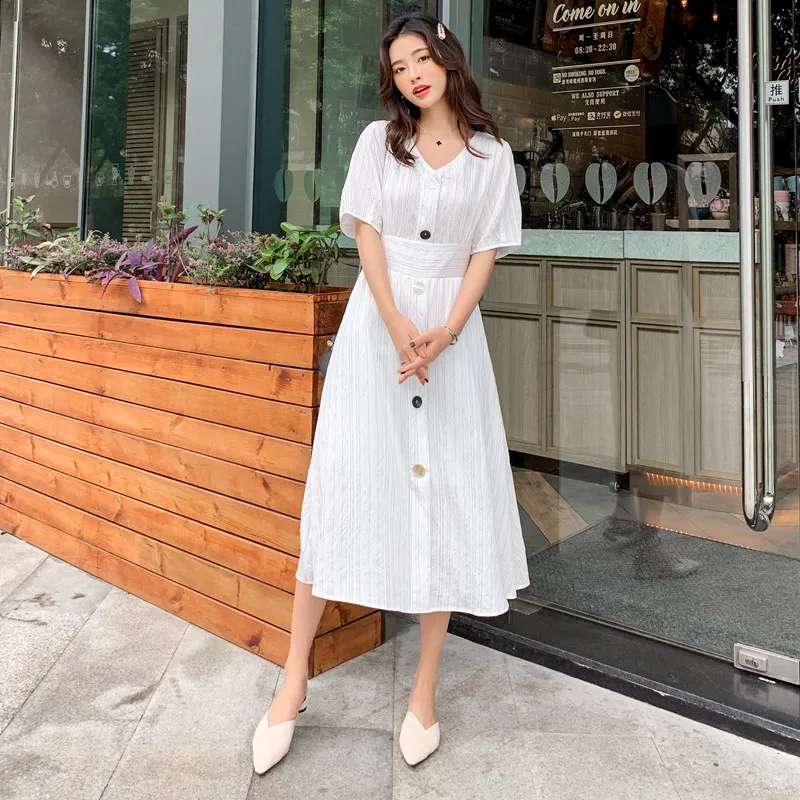 

HANZANGL Brand New arrive v-neck Button waist long dress