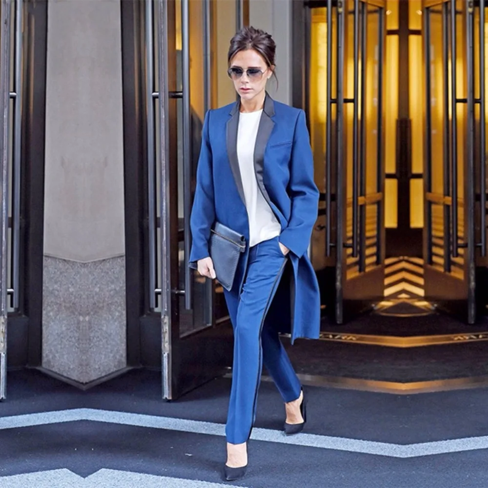 

Women's Blue Black Business Suits Formal Office Pant Suits Ladies Work Wear 2 Piece Sets Slim New Designs Long Jacket + Pant W59