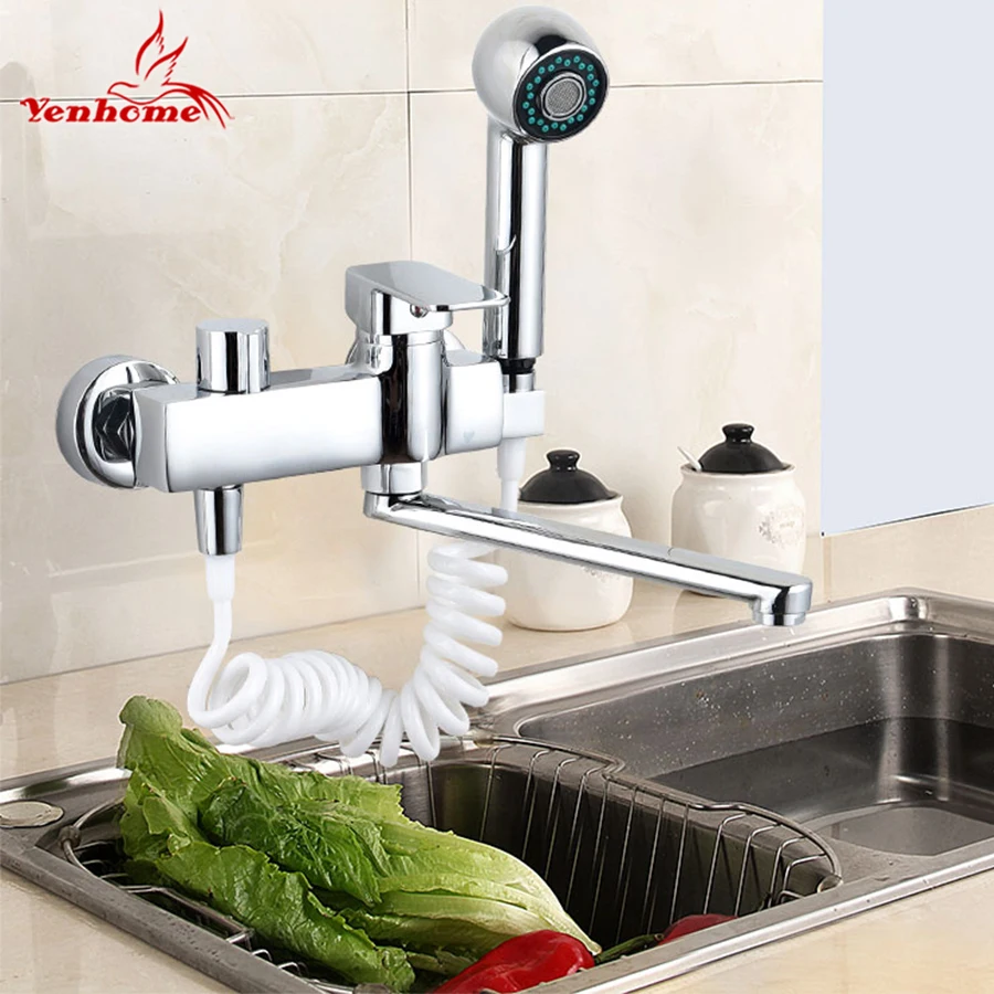 360 Rotate Solid Brass Pull Out Spray Faucet Chrome Brass Kitchen Faucet Cold and Hot Water Mixer Tap Single Handle Two Spouts