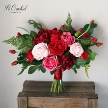 PEORCHID Бургундский красный свадебный букет Искусственный Пион Роза Braidemaids ручной Букет дизайнерский букет
