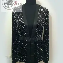 Новые мужские туфли для латинских танцев костюмы Длинные рукава со стразами туфли для латинских танцев спандекс пальто для мужчин конкурс латиноамериканских танцев рубашки S-4XL