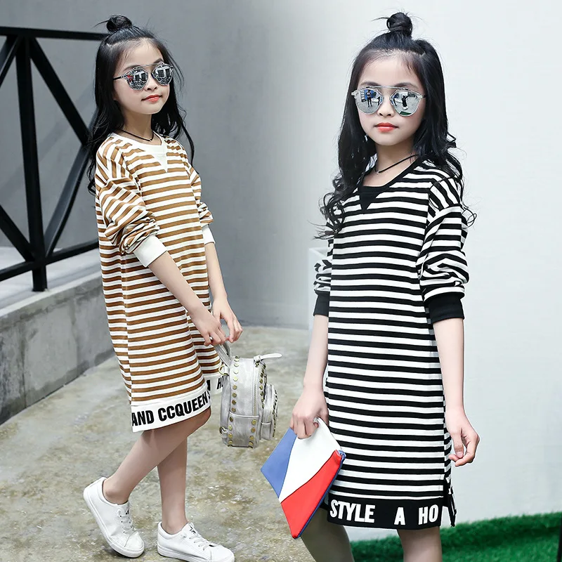 Children's dress Girls Spring and Autumn striped letter in the long casual blouse shirt Middle school student clothes