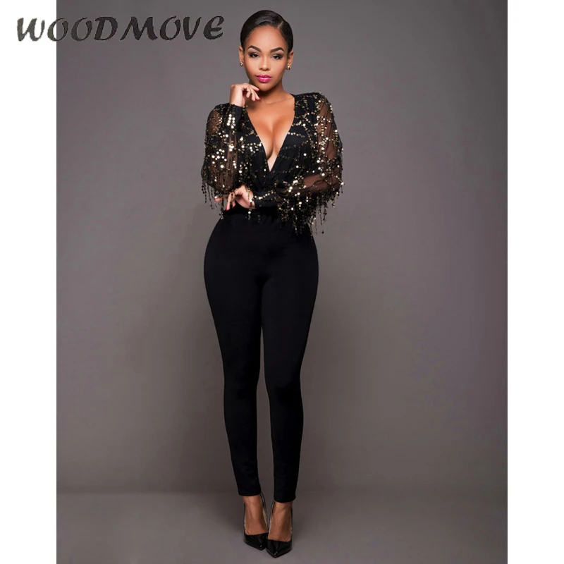 Tassel Deep V neck Sexy Fashion Sequined Jumpsuits Fringed Gauze