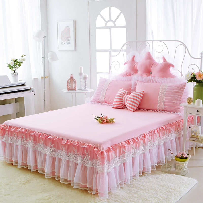 

Luxury Elegant Lace bed skirt girl princess wedding set bedding set king queen 3pcs Pure color pink printed bedspread cotton set