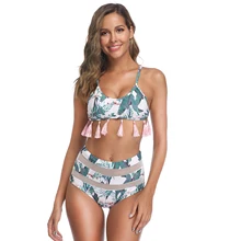 Sexy 2019 Mesh High Waist Triangle And Leaf Print Tassel Swimwear Women Leaf Printed Chest Pad New Bikini Set Wire Free S to XL Sexy 2019 Mesh High Waist Triangle And Leaf Print Tassel Swimwear Women Leaf Printed Chest Pad New Bikini Set Wire Free S to XL