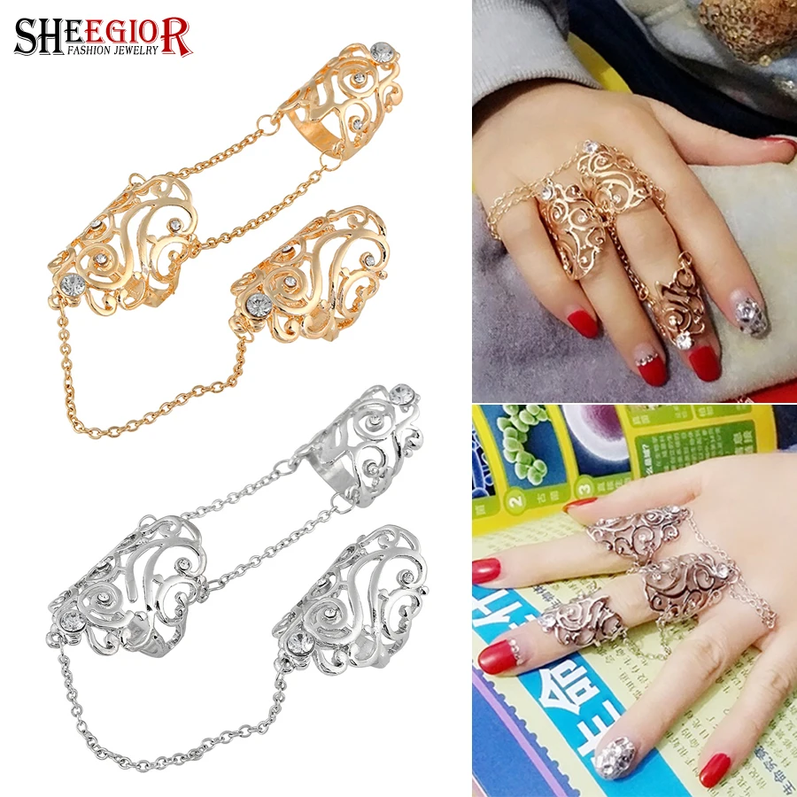 

Lovely Punk Rhinestone Long Rings for Women Mens Accessories Golden Silver Hollow Leaf 2 Fingers Chain Ring Fashion Jewelry Gift