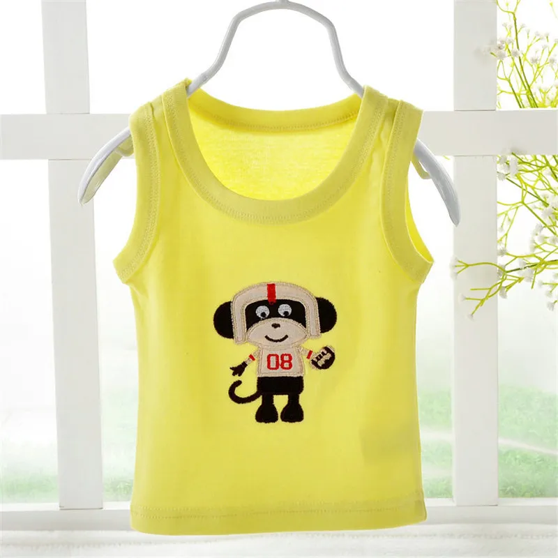 1 предмет; детская футболка без рукавов; хлопковая однотонная дышащая футболка без рукавов с героями мультфильмов для маленьких мальчиков и девочек 0-24 месяцев