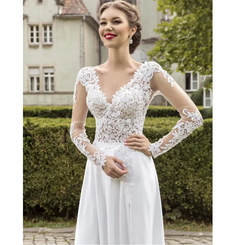 

LORIE Wedding Dress 2019 Chiffon With Lace Wedding Dress Long Sleeve A-Line V-Neck Beach Wedding dress Simple Plus size