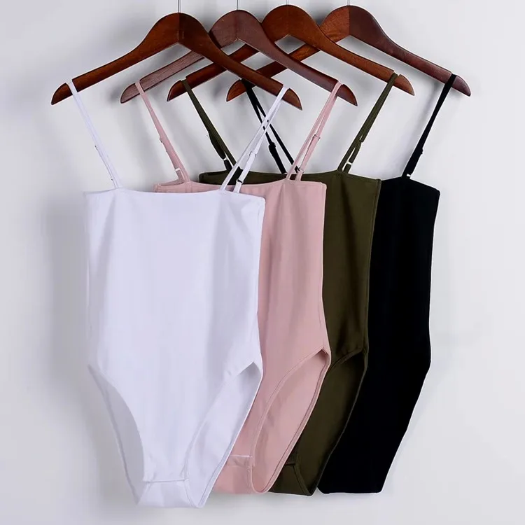 Women Cotton Spandex Spaghetti Strap Basic Tube Bodysuit Adjustable Cami Straps Bodysuit