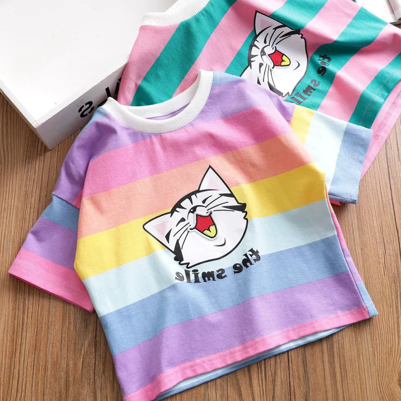 

Children T-Shirts Girls Clothing Rainbow Kitten Pattern Half Sleeve Letters Girls Tees Cotton Casual Kids Tops 2019 New Shirts