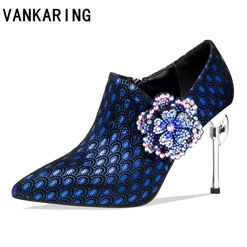 

VANKARING women pumps high heels genuine leather pumps party dress crystal flowers ladies bride wedding shoes woman ankle boots