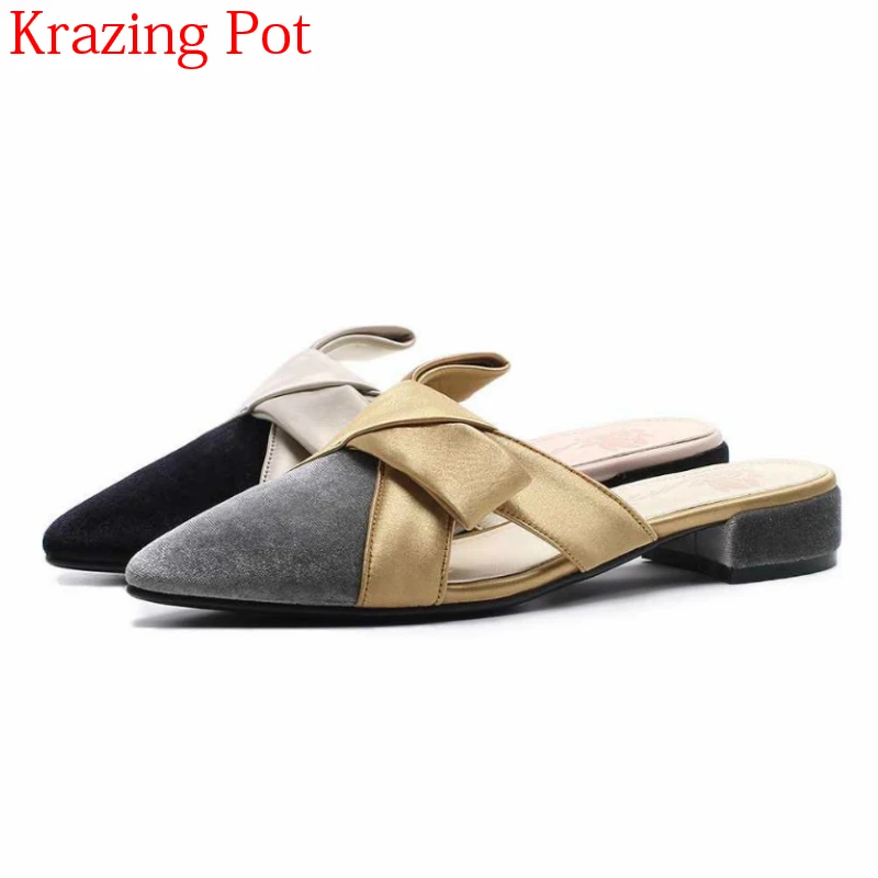 

2018 Superstar Silk Velvet Brand Luxury Med Heels Mules Outside Slipper Pointed Toe Summer Slingback Elegant Vacation Shoes L61