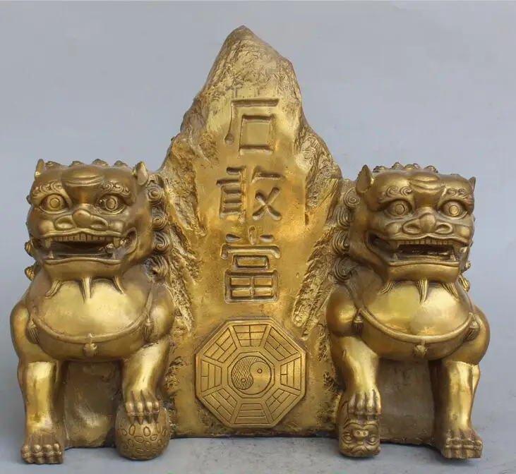 

13"Chinese Bronze Guardian 2 Foo Fu Dog Phylactery Door Lion animal Words Statue