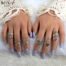New 13pcs / Set Bohemian Jewelry Wedding Ring Elephant Moon Fatima Hand Crystal Fan Safe Hollow Flower Vintage Rings For Women