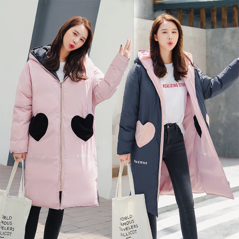 2019 New Design Both Two Side Can Be Wore Winter Jacket Women Hooded Lovely Sweet Outwear Female Coat Long Parka Winter Parkas