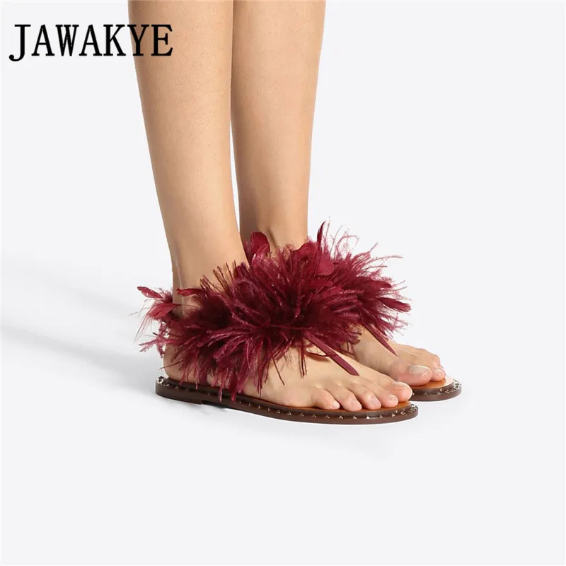 Prova-Perfetto-Runway-Feather-Sandals-Women-Fashion-Ostrich-hair-decor-Flat-Shoes-Ladies-Fur-sandals-Flip (2)