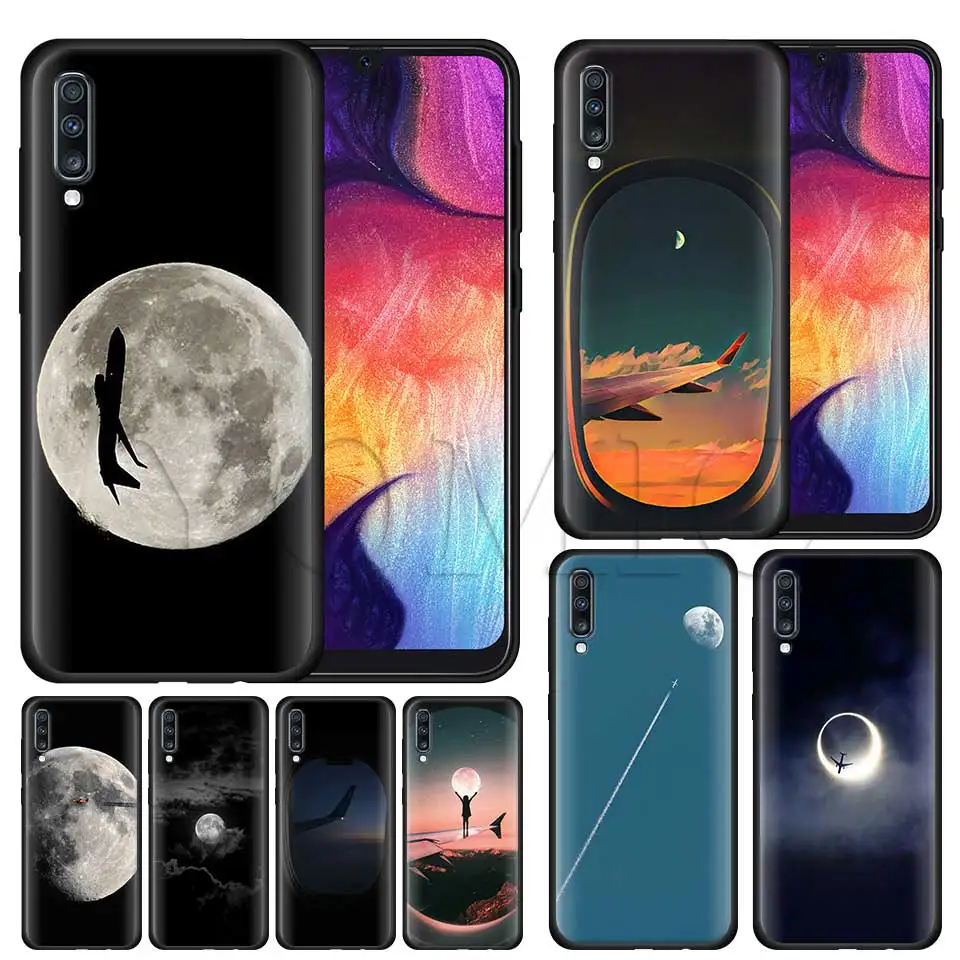 

Black and white airplane moon Silicone Soft Case for Samsung Galaxy A50 A40 A70 A30 A20 A80 A6 A7 A8 Plus A9 2018 Black Case Coq