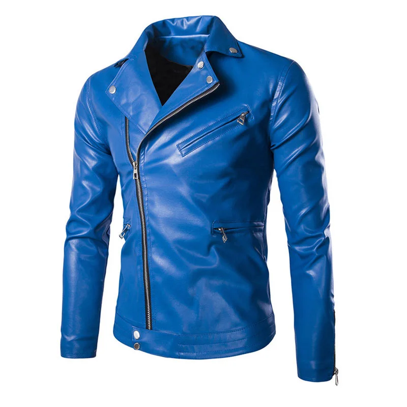 2019 Spring and Autumn Men's Popular Handsome PU Leather Jacket Punk New Blue Black Leather Jackets Oblique Zipper Men  Size 5XL