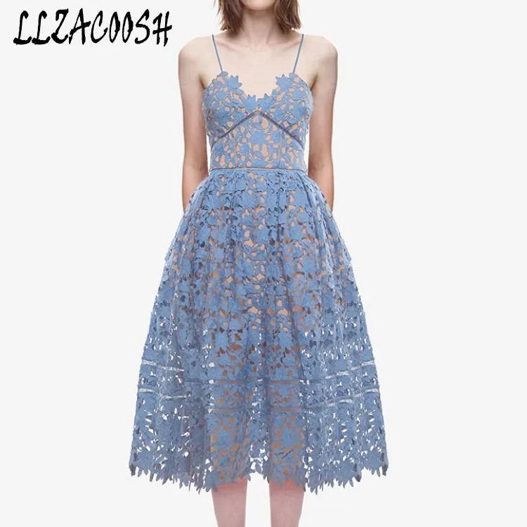 

Summer Beach Wear Women's Sexy Spaghetti Strap Mid-calf Crochet Lace Dress V Neck Backless Open Back Self Portrait Dress