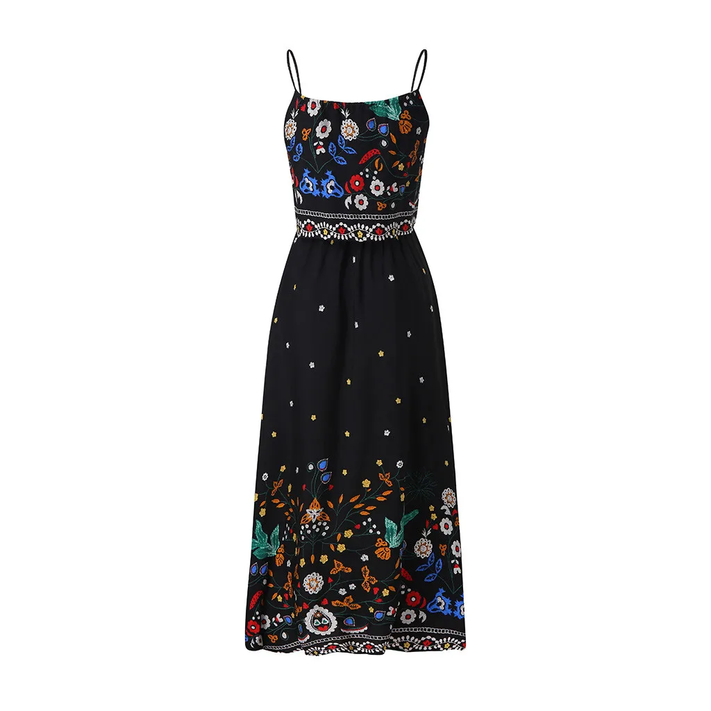 

Women Summer Dress 2019 Sundress Floral Print Swing Dress A-Line Spaghetti Strap Large Size Long Dress Holiday Dress L507