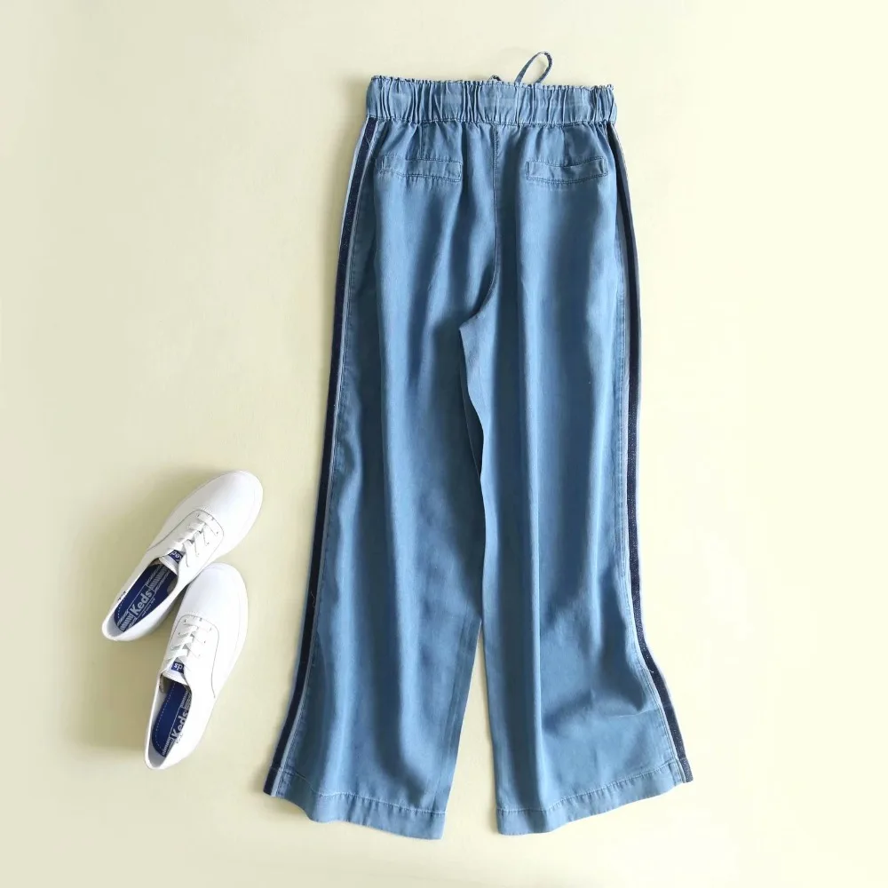 Боковые в полоску с завышенной талией tecel джинсы брюки широкие прямые брюки синие мягкие джинсы с эластичной резинкой на талии