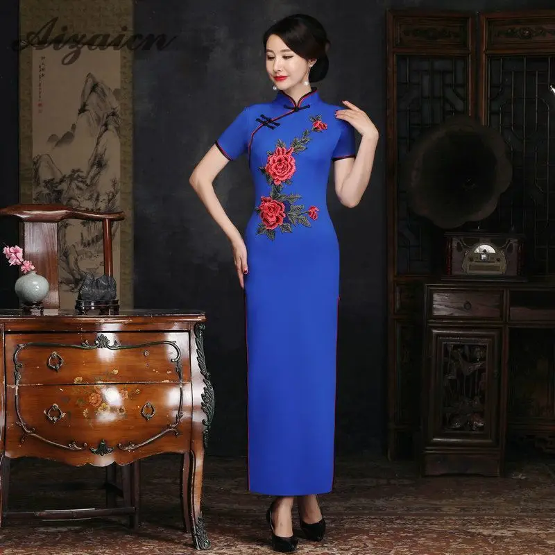 Шелк Длинные Cheongsam Qipao для женщин Формальные Vestidos Красный пикантные китайское традиционное платье костюмы плюс размеры восточные платья