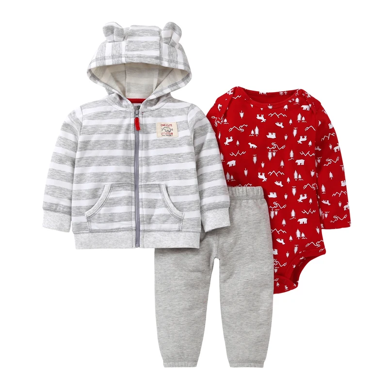 bebek giyim baby girls clothing set animal bear long sleeve hooded stripe+romper+Drawstring trouser 3pcs/set  newborn clothes