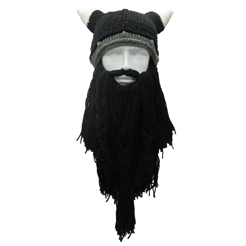 Baratos Hombre divertido Vikingos Ox Cuerno Hecha A Mano de Punto Gorros Sombreros De Punto Barba hombres Sombreros de Invierno Casquillos Calientes Mujeres Regalo de la Máscara Del Partido de Cosplay Cap