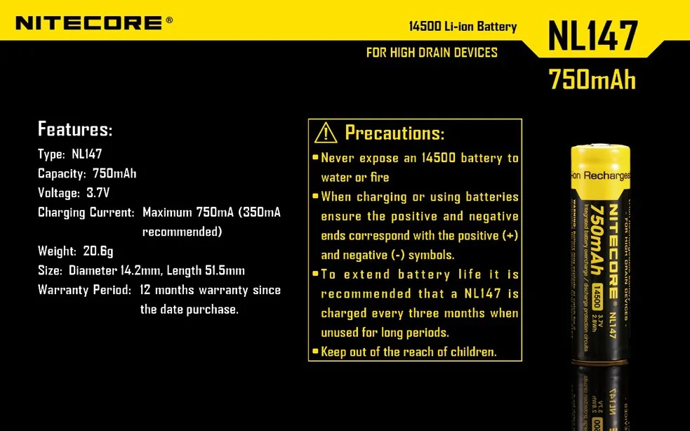 2 шт. Nitecore NL147 14500 Li-Ion Перезаряжаемые Nitecore Батарея 750 мАч 3.7 В + бесплатная доставка