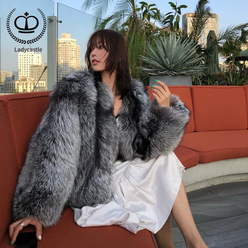 

2018 New Arrival Real Sliver Fox Fur Coat With V-Neck Collar Jacket Women Fur Genuine Fox Women Overcoat Winter Fashion FC-138