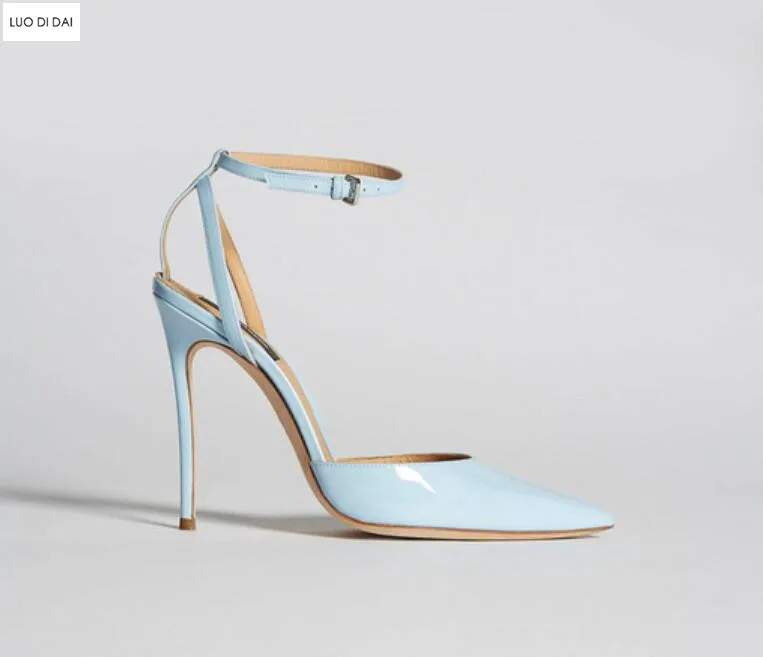 2019 New women blue high heels thin heel ankle strap pumps party shoes light blue pumps dress shoes thin heel wedding shoes